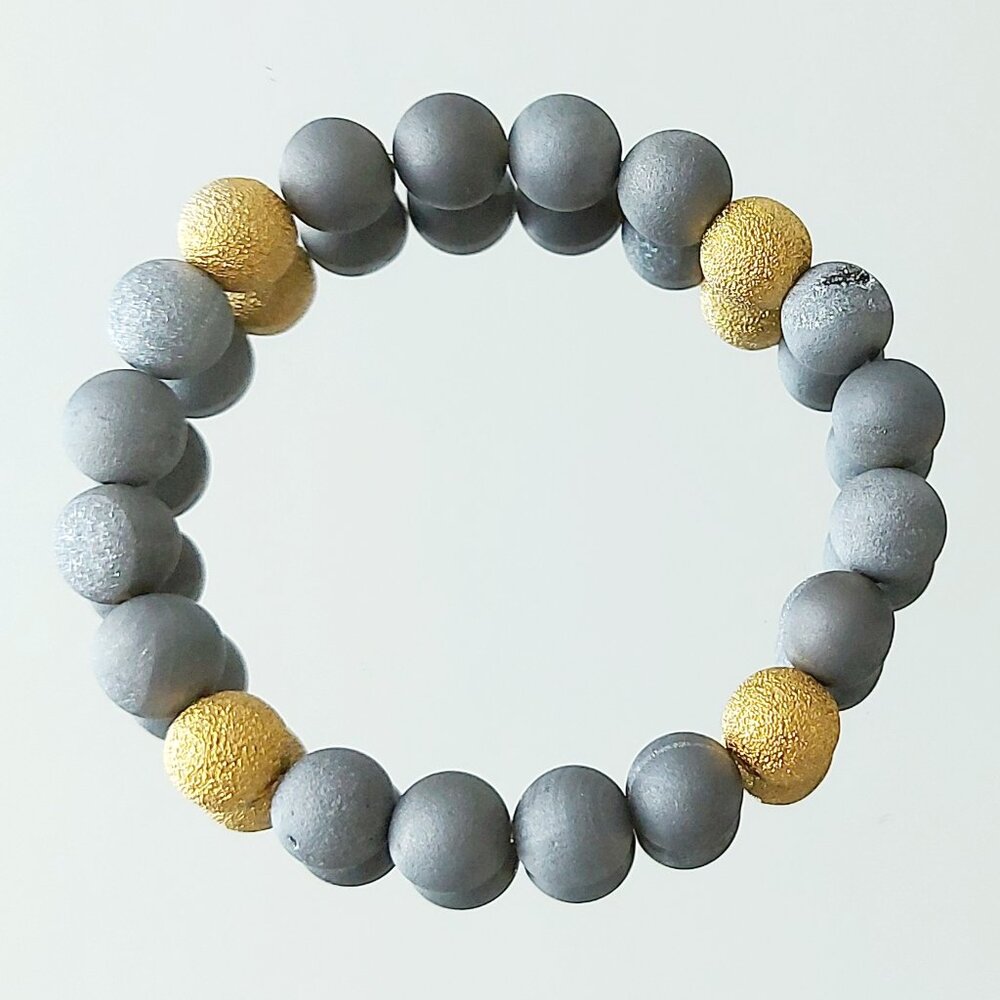 Silver Druzy Agate & Gold Accent Beaded Crystal Stretch Bracelet